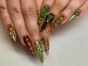 AURA NAILS \ Nature-Inspired Mushroom Press On Nails  Nature’s Beauty Nail Art  Natural Woodland-Inspired Press Ons  3D Gold Flower Nails  DB98Y3