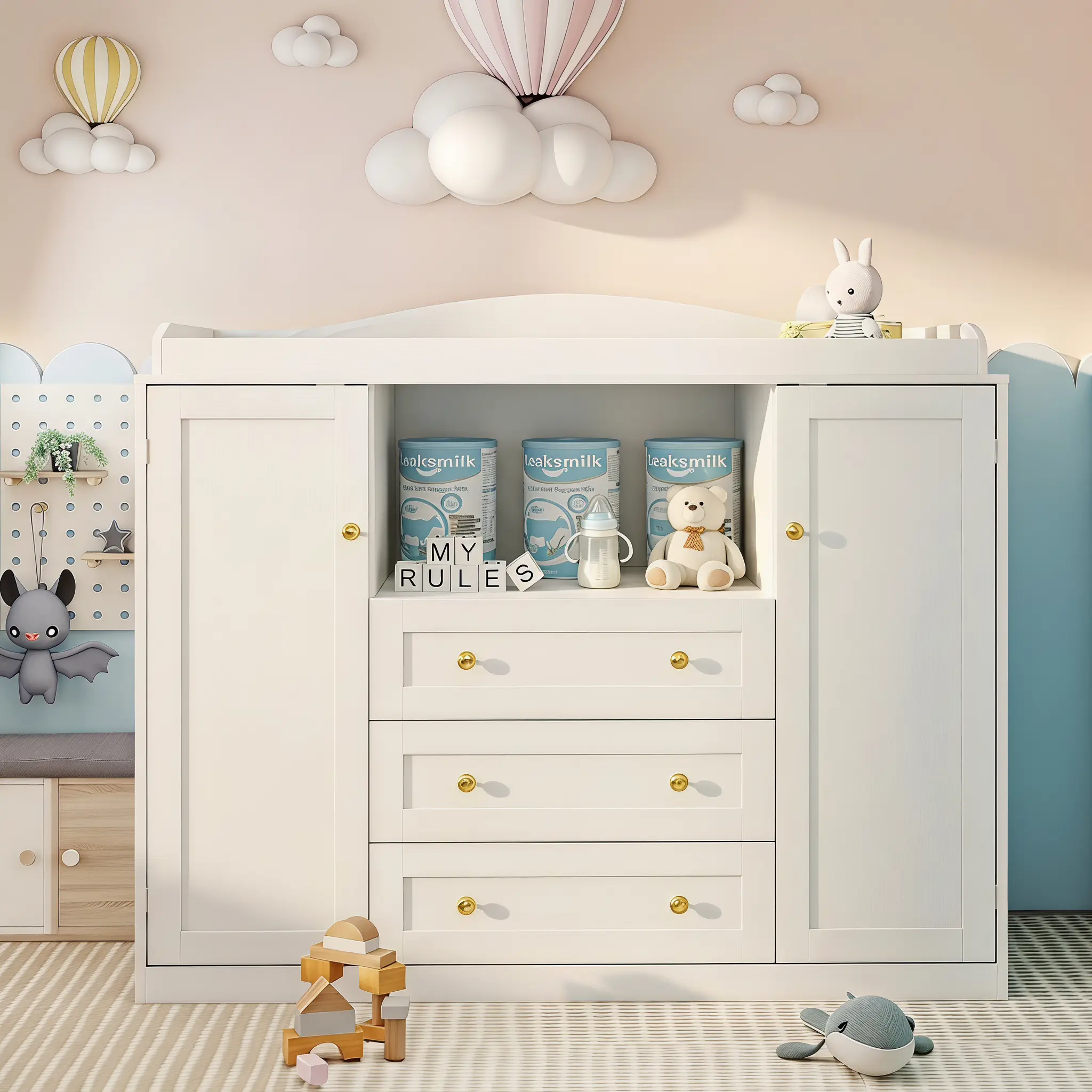 White Changing Table Baby Dresser with Changing Table Top,47'' Wide Kids Nursery Dresser with Drawers,Cabinets,Clothes Rack,Open Storage Space,Multi-Functional Wood Diaper Changing Station for Kids Nursery Bedroom