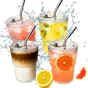 4 Packs Ribbed Glass Tumbler Set with Lid and Stainless Steel Straw 13 oz Ice Coffee Cup for Smoothie Juice Matcha Tea Latte Cappuccino Espresso Hot Coffee Water Reusable Travel Mug