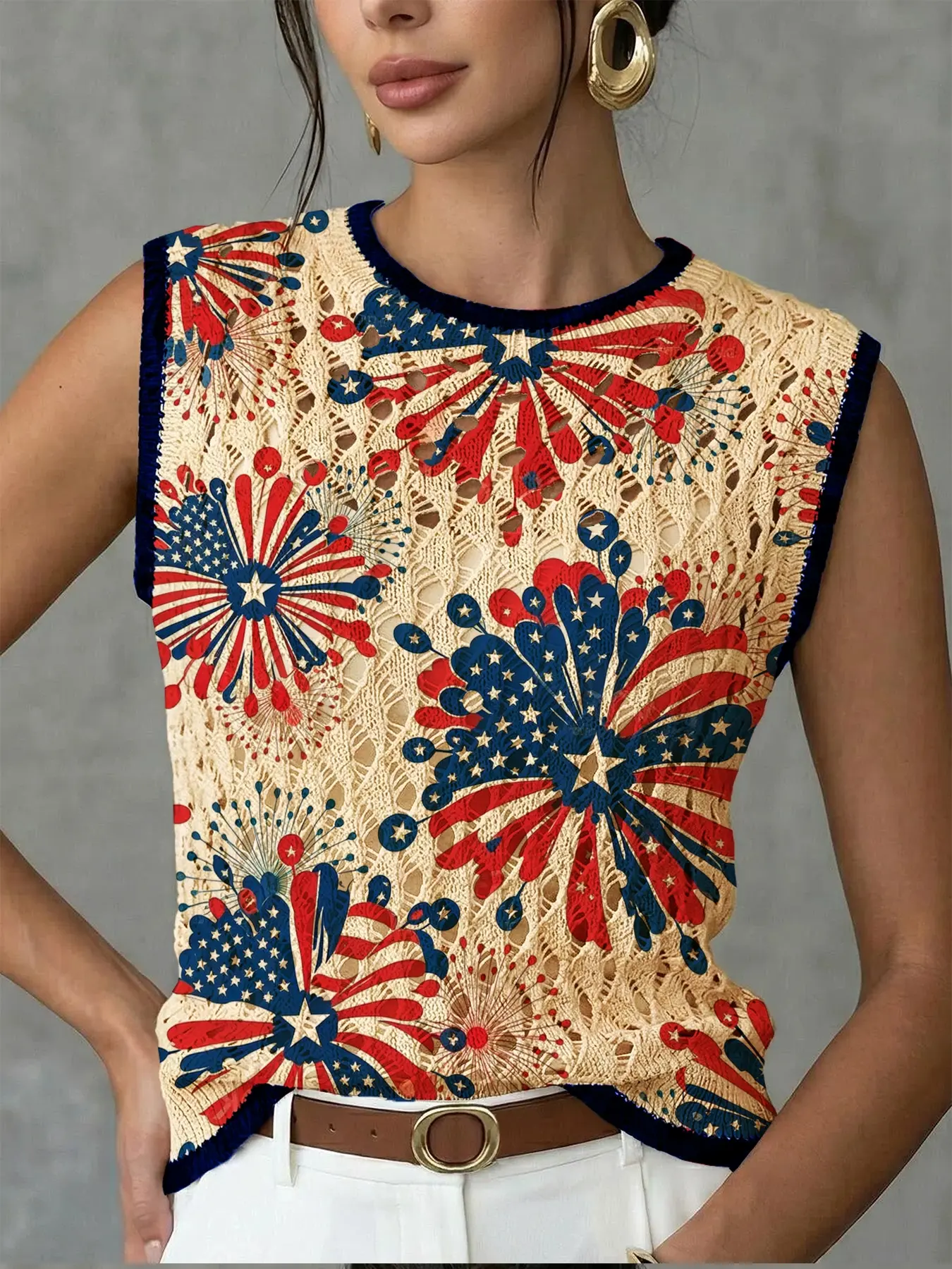Women's Elegant Chic Independent Day Element Print Round Neck Sweater Vest, Casual Sleeveless Knit Top, Breathable Summer Clothing, Fabric