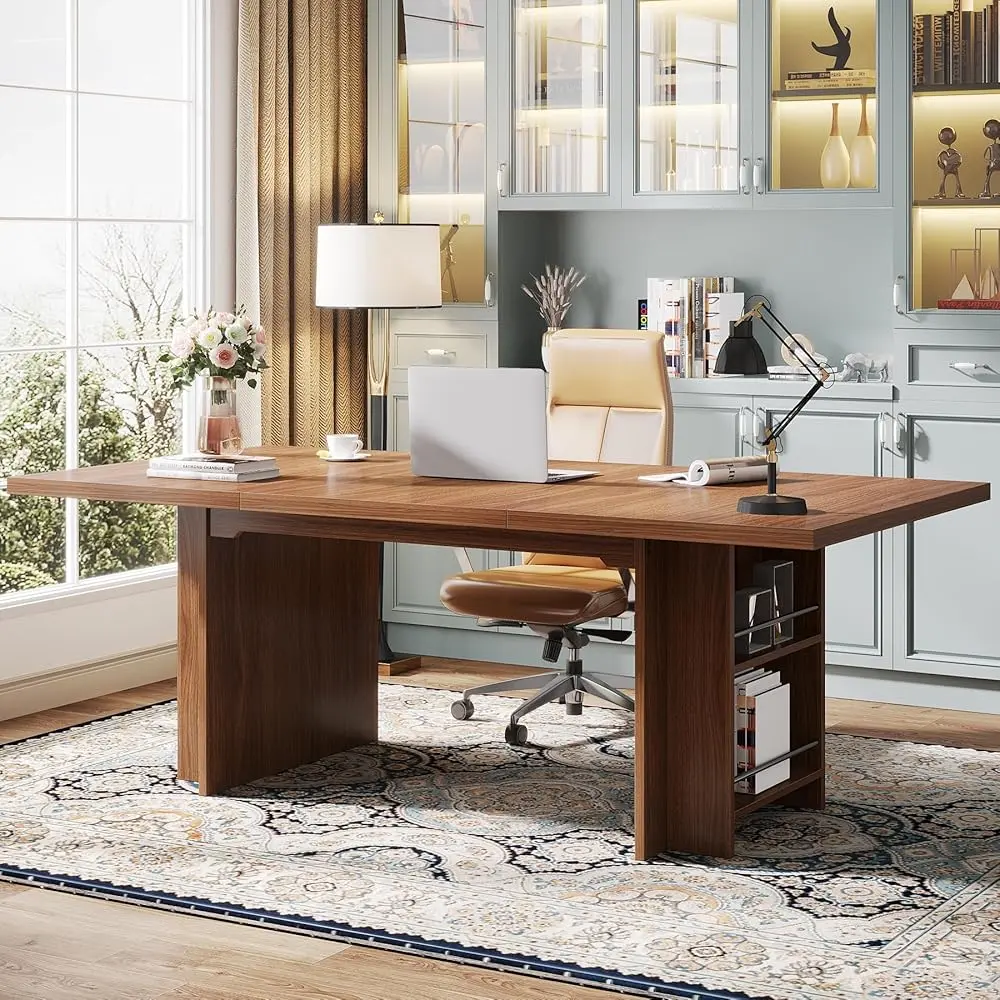 Tribesigns Modern Office Desk 62.99-Inch With Storage Shelves, Ideal for Home Study Room, Brown