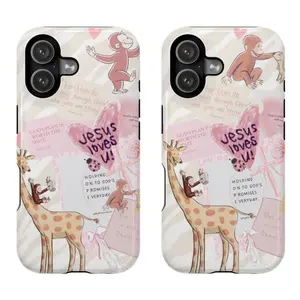 Curious George Christian Phone Case – Cute Cartoon Monkey and Giraffe Design with Jesus Loves You Message, Inspirational Bible Verses, Faith Scripture Quotes, Pastel Aesthetic iPhone Cover for Believers | Cover for IPhone SE Max Pro Samsung galaxy