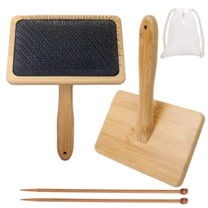 5.9" x 3.94" Wire Slicker Wool Carding Brushes, Needle Felting Tools with Solid Handle, Dog Slicker Brush, Wood Hand Carders for Wools 5Pcs