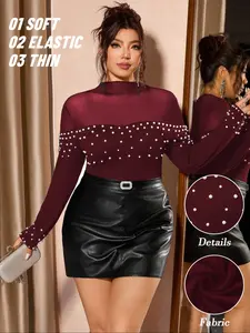 Plus Size Women's High Neck Long Sleeve Mesh Pearl Embellished Top, Sexy American Party Chic Style, Fitted Elastic Fabric, Eye-Catching Design, Womenswear