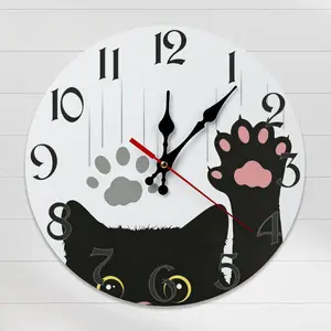 10 Inch Cute Black Cat Peeking Wall Clock, Silent Non-Ticking Paw Print Decorative Clock, Whimsical Cat Lover Wall Art for Bedroom, Living Room & Nursery