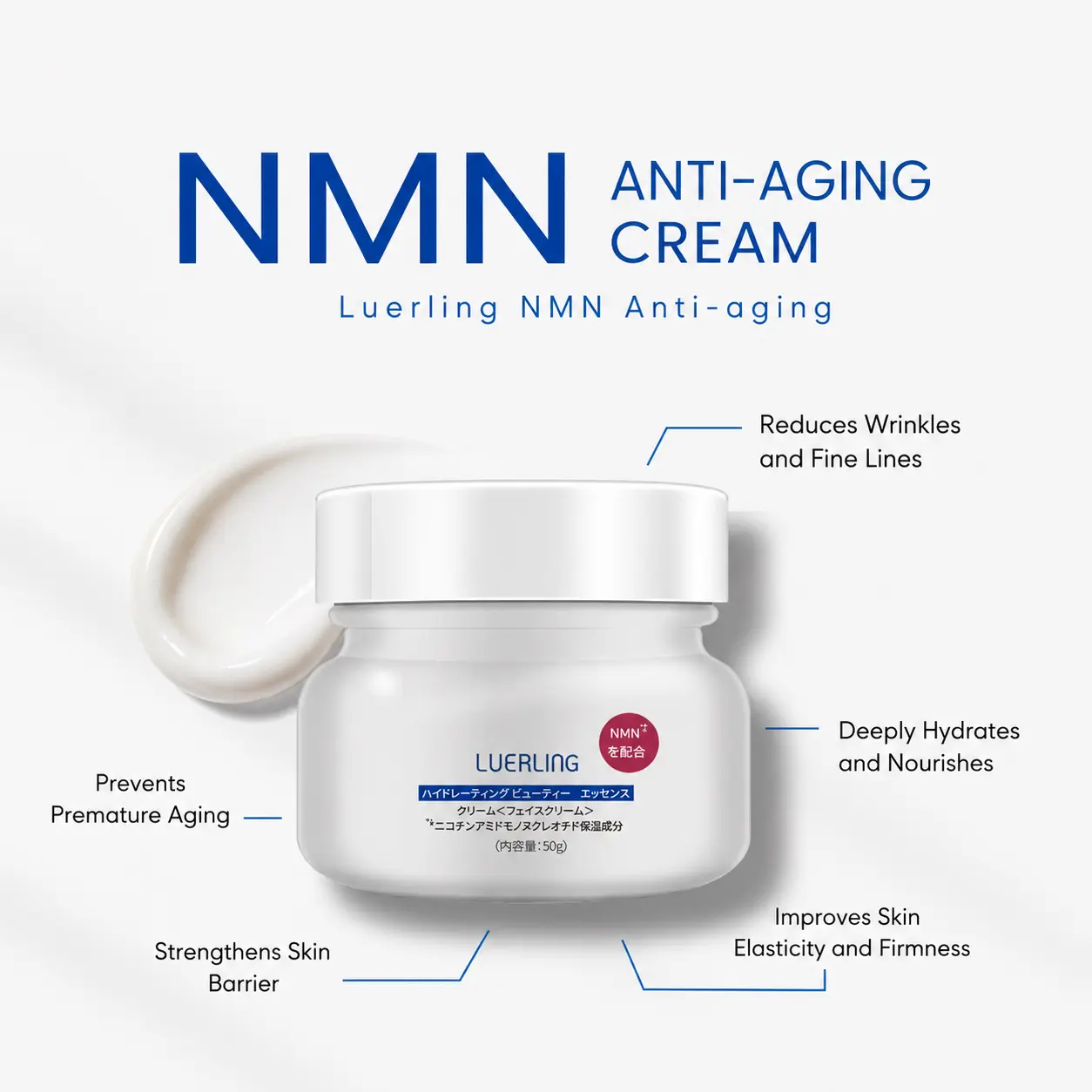 [LuerLing] Japanese NMN Gentle Hydrating Facial Cream - Daily Nourishing Moisture Skin Care Lotion for Smoothing Skin