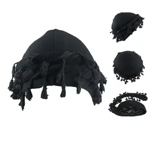 Hip-hop Frayed Headscarf Hat for Men Twisted Tail Satin-Lined Double-Layer Braid Hair Protection Accessory