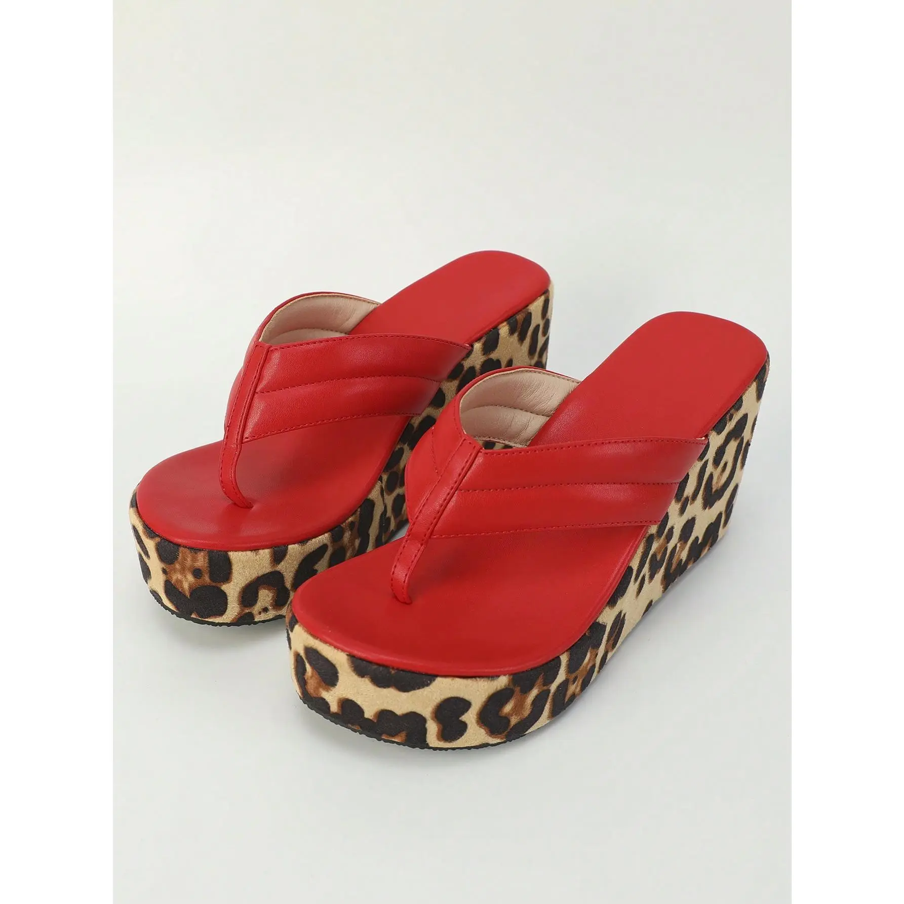 Women Wedge Heel Thick Sole Sandals Spring Summer New Round Toe Red Slippers Fashion Leopard Print Waterproof Platform Casual Holiday Shoes All-Match Plus Size Female Shoes Wedge Heel Red Sandals For Bride Footwear Girl