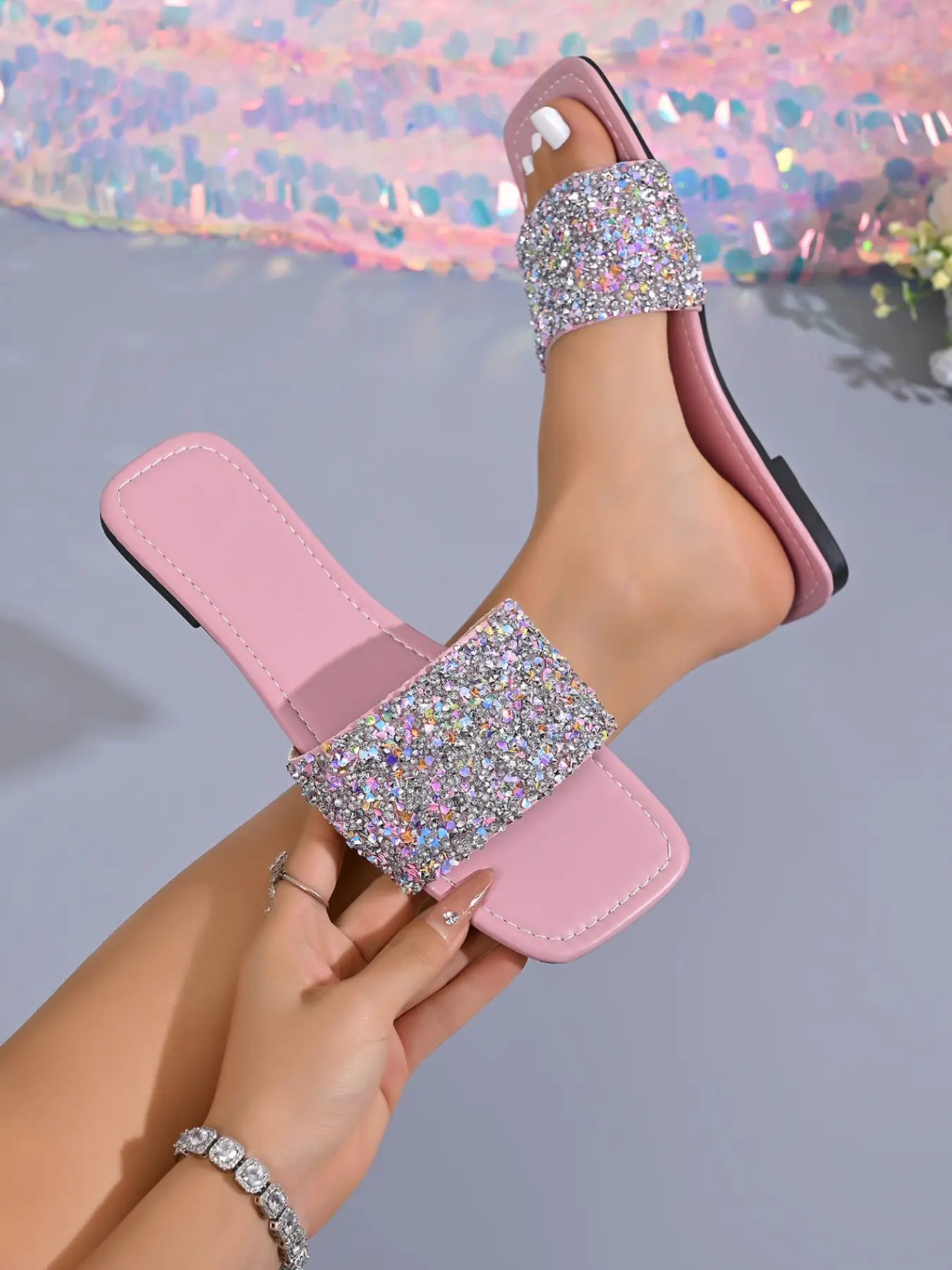 Sparkling Rhinestone Glitter Strappy Sandals Women, Glitter Decorated Sandals, Multiple Colors Available, Summer Party Atmosphere, Casual PU Material, Comfortable Flat Sole, Perfect for Photoshoots