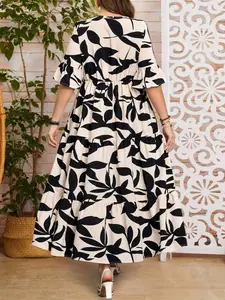Plus Size Deep V Neck Ruffle Sleeve Dress, Multi-Layered Ruffled Hem, Long Casual Fashion Dress, All Seasons Wear