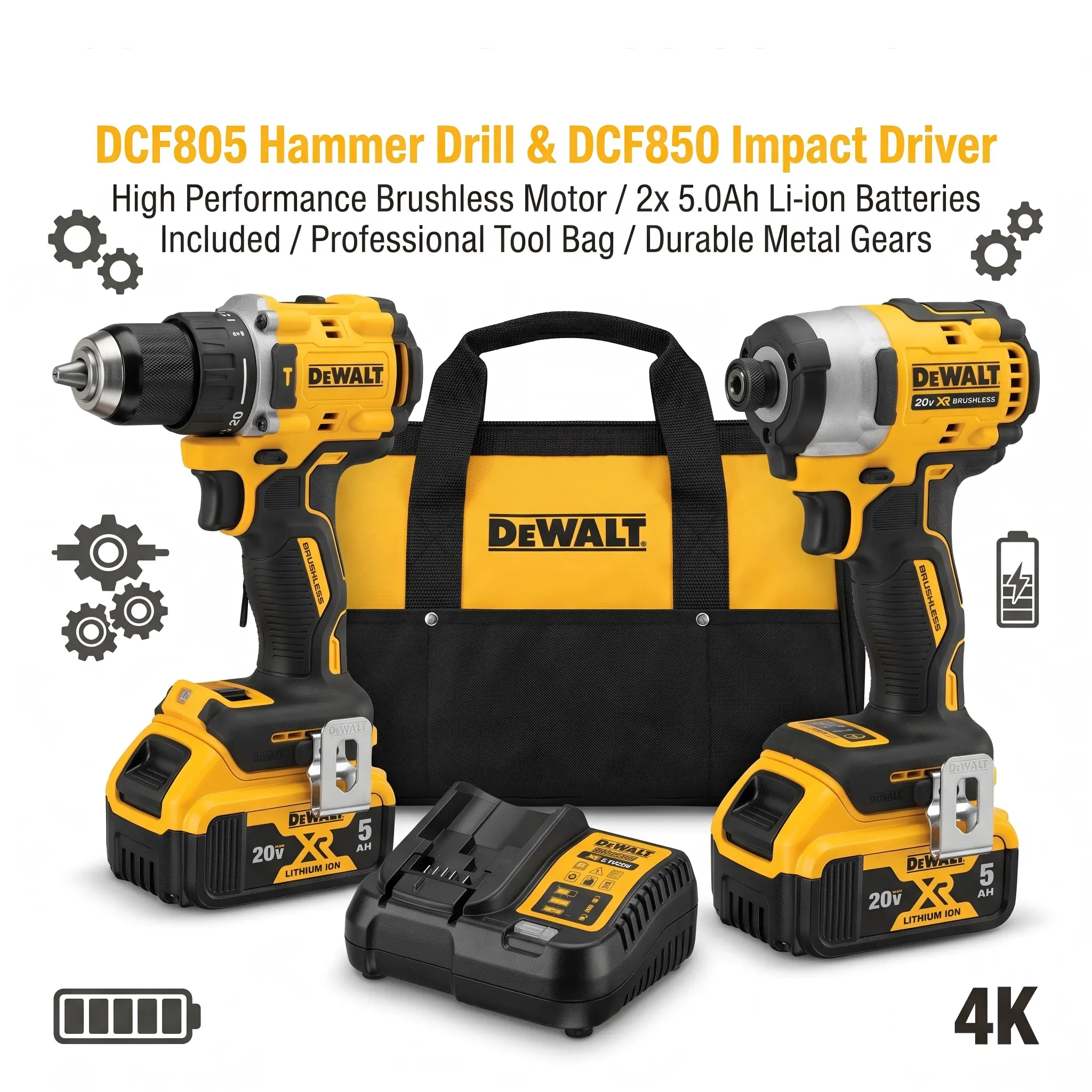 DeWALT 20V Brushless Combo: DCF805 & DCF850  for Metal/Wood Fastening Applications, dcf 805 Cordless Power Tools Cordless High Torque Lithium Drill Impact Drill Driver