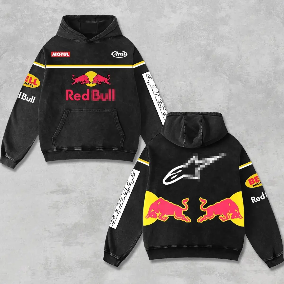 Retro Red Bull Racing Washed Hoodie Vintage Motorsport Graphic Hooded Sweatshirt for Motorcycle Racing Fans Off Road Dirt Bike Biker Streetwear Heavyweight Unisex Pullover Grunge Y2K Moto Apparel Gift UK Style