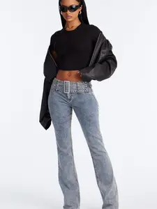Star Studded Belted Low Rise Bootcut Jeans - Acid Wash Blue