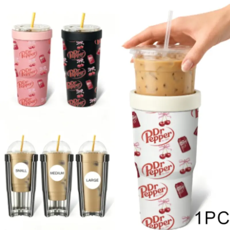 1 Pc 32oz Cherry Soda Print 2-in-1 Insulated Can Cooler, Includes Tumbler Lid, Converts into a 32oz Travel Tumbler, Double Wall Vacuum Stainless Steel, Fits Most 16-24oz To-Go Coffee & Bubble Tea Cups, Perfect for Halloween, Christmas & Daily Use