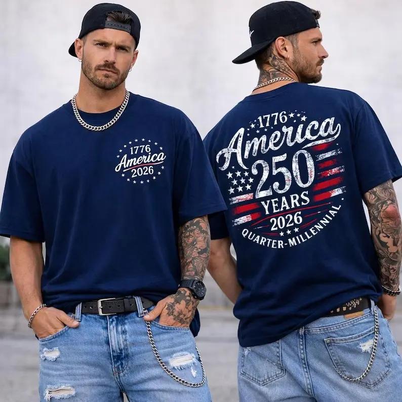America 250 Years Shirt, 1776 – 2026 USA Flag Tee, Quarter Millennial Top, Patriotic Double Sided T-Shirt, USA Tee for Mens & Woment Tops