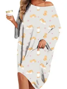 Women's Oversized Nightshirt Milk Silk Sleepwear - Ultra-Soft One Shoulder Loungewear Dress with Pockets, Cute Graphic Sleep Tee, Loose Fit Housecoat Nightgown (One Size)