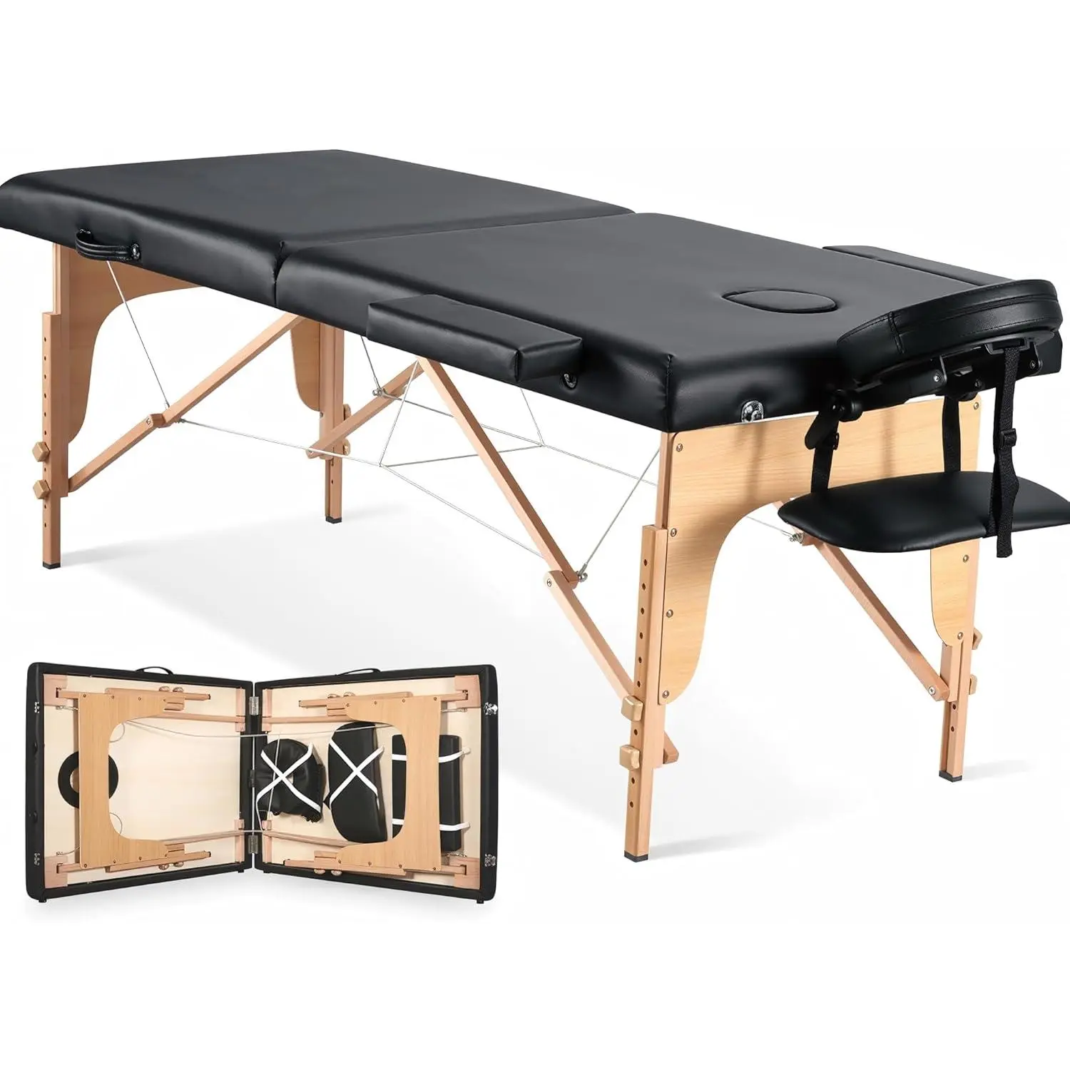 Massage Table Portable Wooden Lash Bed 24" Wide Massage Bed Foldable Beauty Spa Tattoo Face Cradle Adjustable Height 35Inch 2 Fold with Bag (Black)