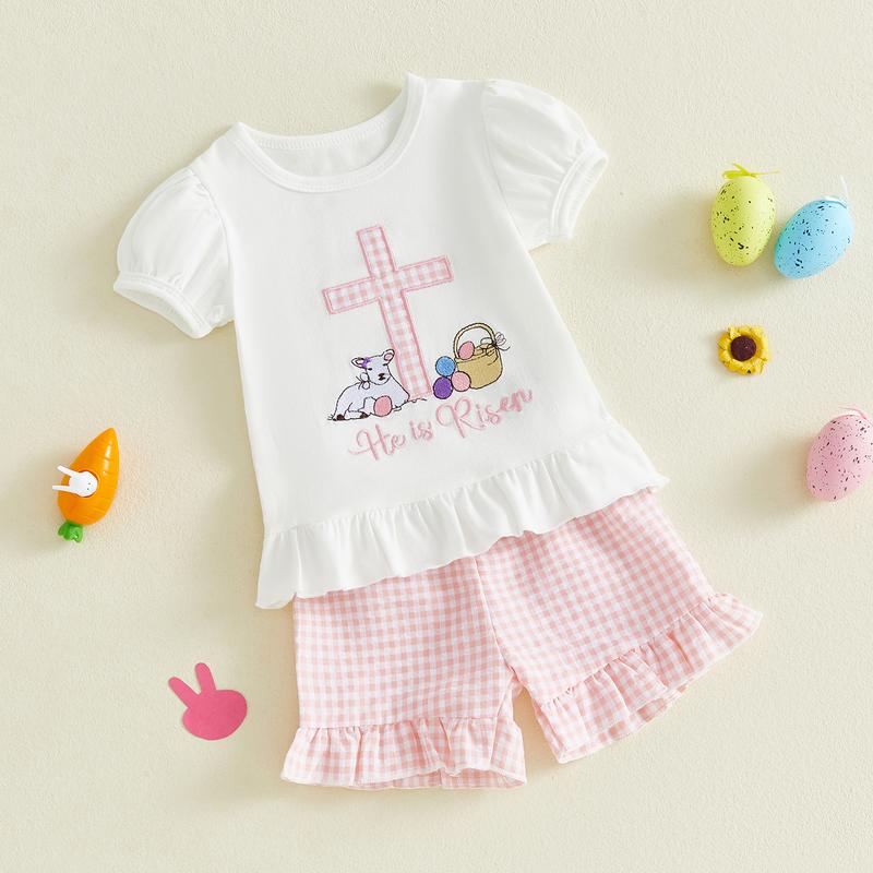 Toddler Baby Little Girls Easter Outfits Cross Animal Embroidery Short Sleeve T-Shirt and Plaid Shorts Set 3M-3Y