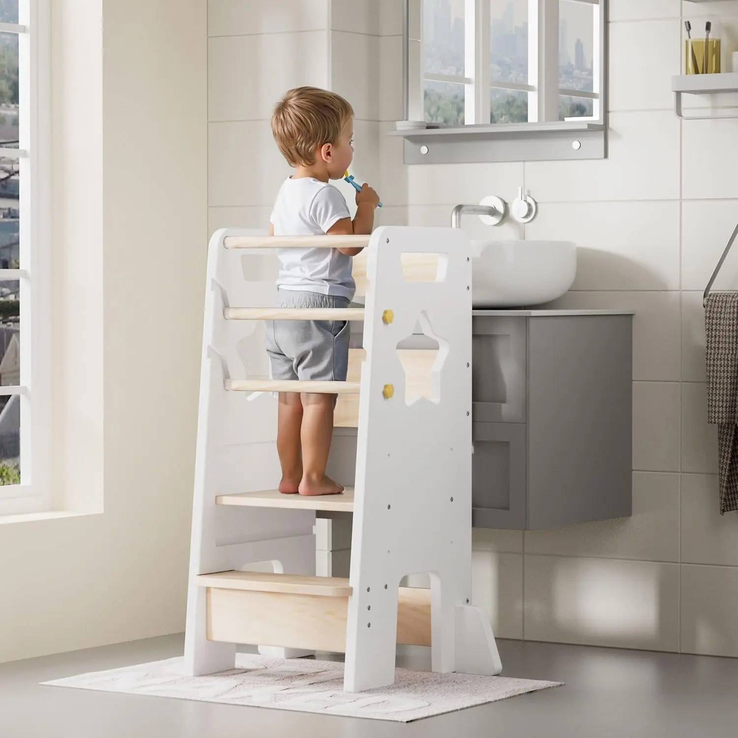 NEKODO Toddler Standing Tower, Montessori Kids Step Stool with 3 Levels Adjustable Height, Wooden Kitchen Stool Helper with Removable Safety Bars, White，Blue Grey
