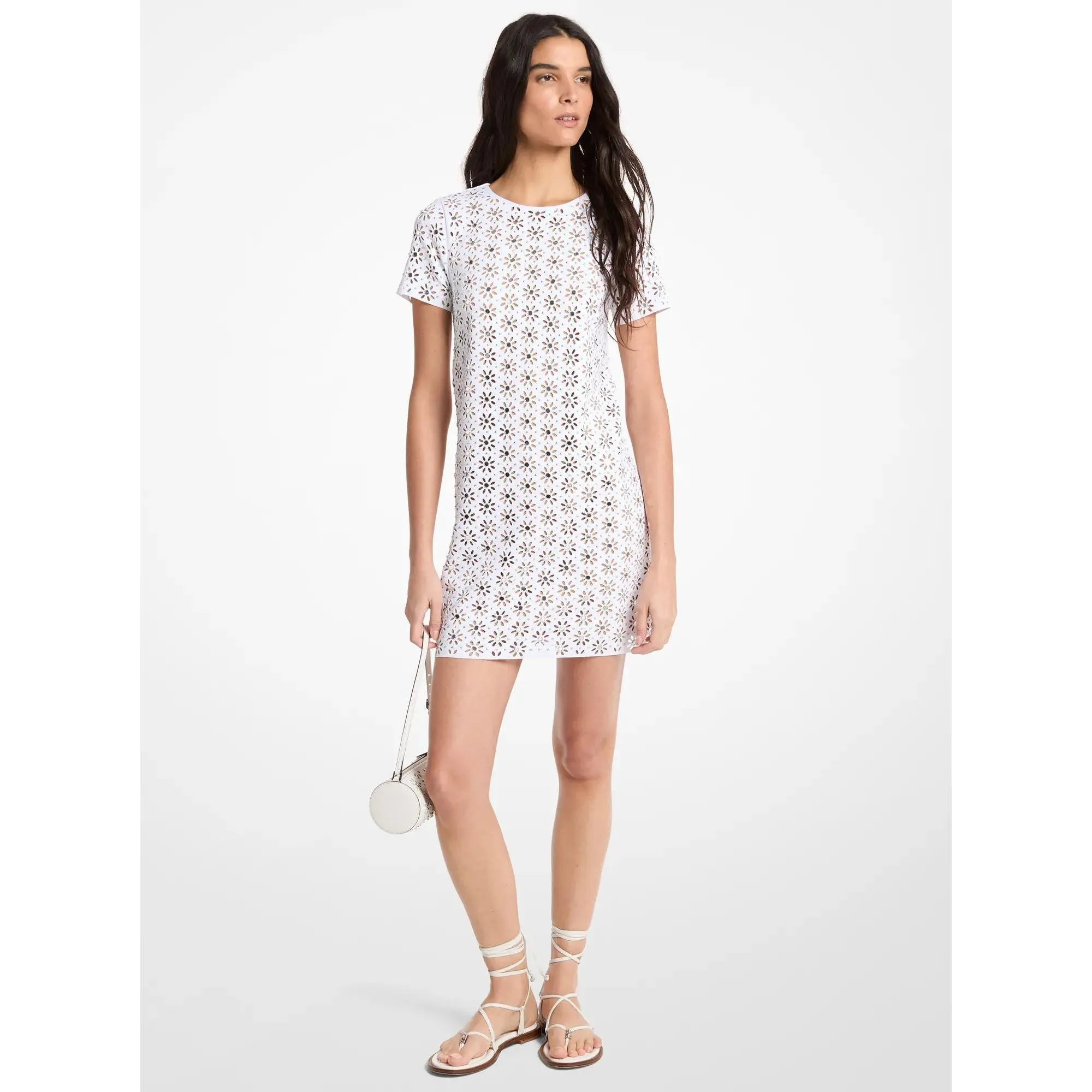 Mirror-Embellished Floral Laser-Cut Scuba Dress