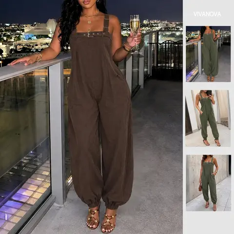 Women's 100% Soft Cotton Casual Minimalist Overall Jumpsuit - Sleeveless, Belted High Waist, Adjustable Straps, Loose Fit for Spring Summer (All in 1 Jumpsuits & Rompers)