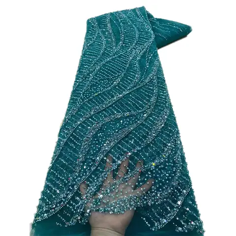 Mesh Swiss Lace Fabric Dubai High Quality Rhinestones Dynamic Chain Sequin Embroidery Seaweed Pattern Home Decor Wedding Party