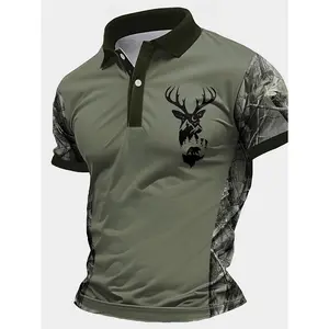 Men's Camouflage Quick Drying Shirt - Casual Outdoor Style, Deer Head Print, Short Sleeve, Button Neck, Summer Hunting and Hiking Clothing, Hiking Equipment