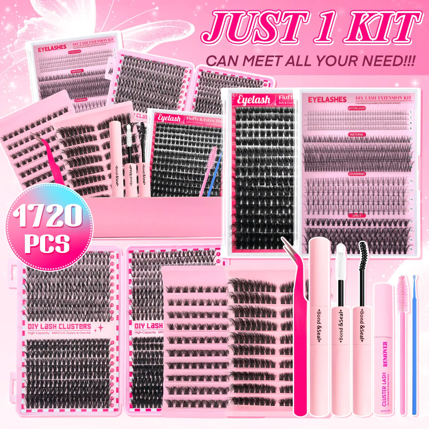 1720PCS Lash Cluster Extensions Gift Set | 30D 40D 60D 80D Natural Full Set + 100D Extra Volume | Soft & Lightweight | With Glue, Tweezers & Brush | E