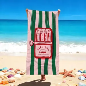 1 Pc "Trendy Beach Towel with Sardine Can Print - Green & Pink Striped Design, Perfect for Beach & Pool Relaxation, Versatile Beach Blanket or Swimming Towel for a Stylish Day Out Coastal Shell Towel Swim Towels Striped Pattern Towel