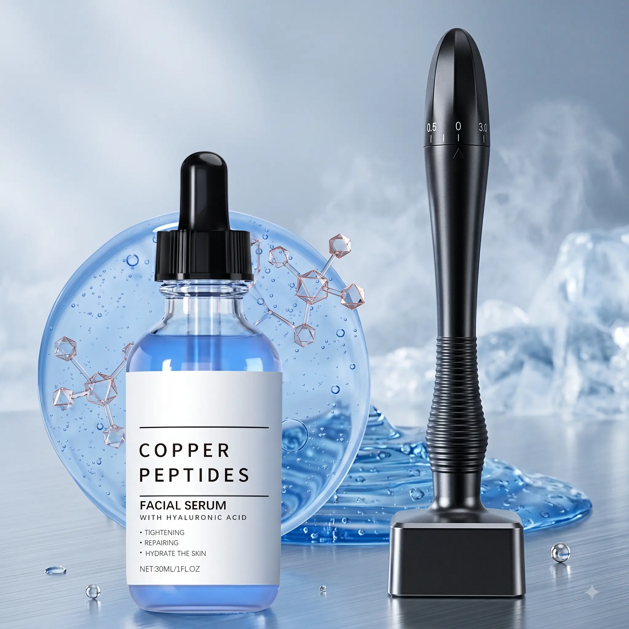 Copper Peptide Derma Stamp Tool & Serum Set, 30ML GHK-Cu Peptide Face Serum with Hyaluronic Acid, Adjustable At-Home Skincare Tool for Hydrating Daily Facial Care