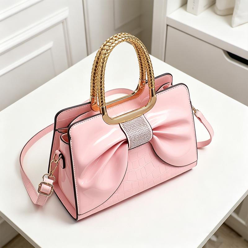 Women’s glossy leather handbag with top handle — medium-structured shoulder/handbag with adjustable strap