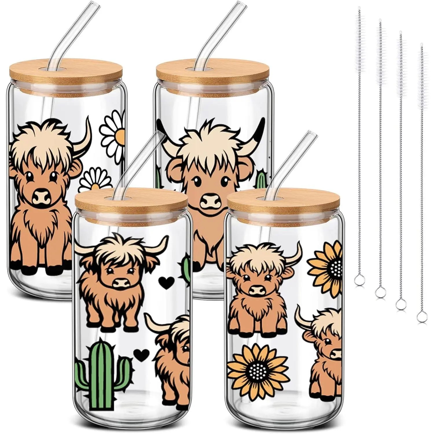 4 Pcs Highland Cow Glass Cups with Lid and Straw 16 oz Cute Flowers Drinking Glasses Cactus Wildflowers Iced Coffee Can Shape Mug Tumbler for Women Men Birthday Party Favor Gift