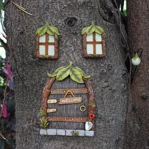 Resin luminous leaf window decorations in sets of 4, miniature garden dwarfs and fairies' houses with windows and tree doors, garden art decorations, lawn decoration tree hangers, suitable for outdoor garden decorative hanging accessories.