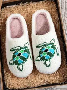 Soft Plush Turtle Slippers for Men & Women, Cute Animal Embroidery Design, Indoor Outdoor Warm Non-Slip Shoes for Fall Winter Gifts, Footwear