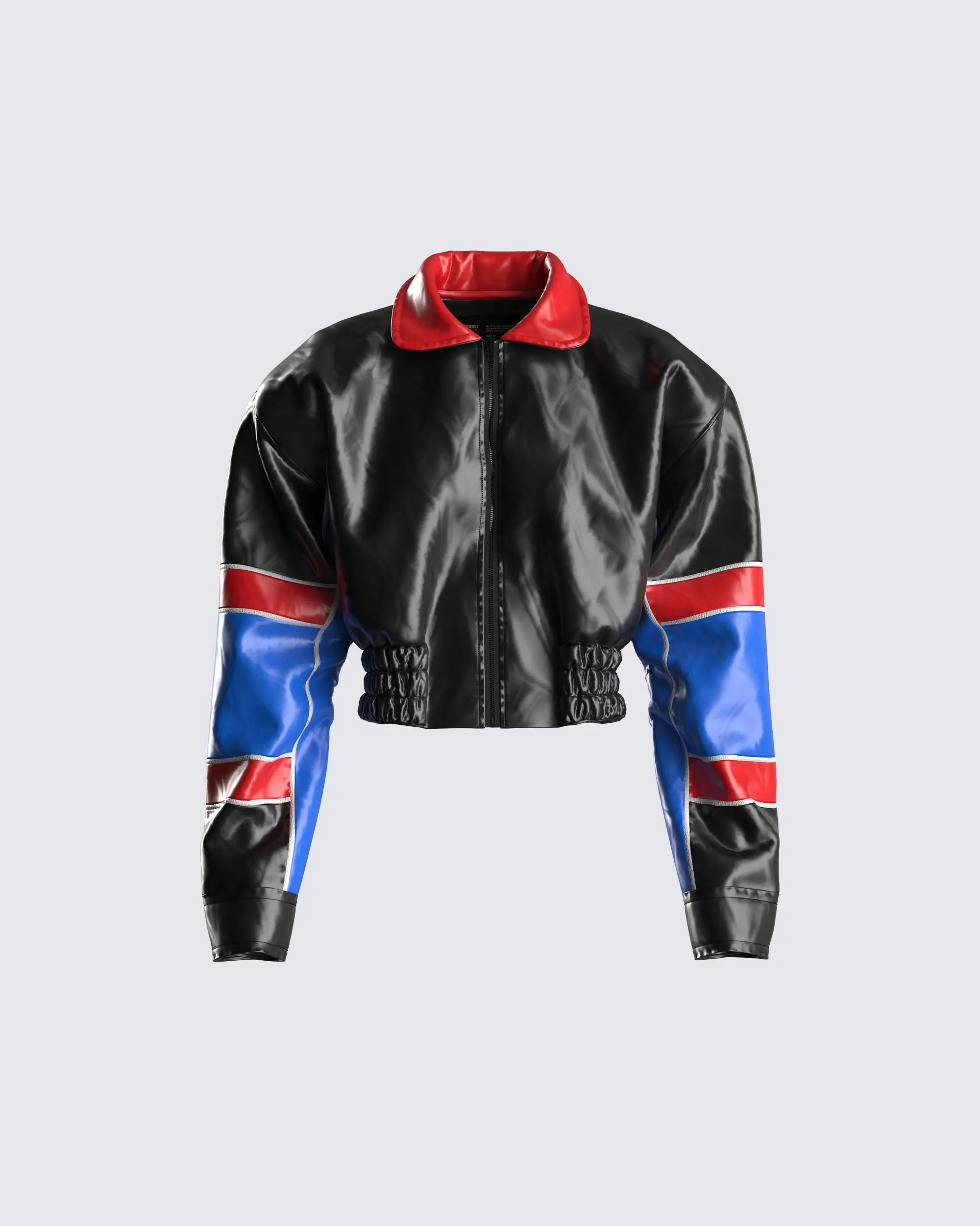 Women's Fit Cherry Vegan Leather Cropped Bomber Jacket, Color Block Racing Stripes, Casual Smocked Elastic Waistband, Tops, Coats, Fitted, Polyurethane, Sporty Chic, Zipper, Leather & Faux Leather