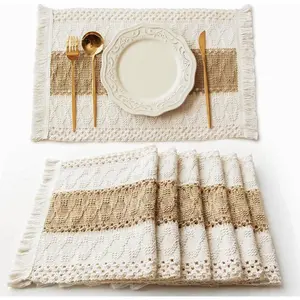Boho Placemats Set of 6, Macrame Table Decor Farmhouse Style Placemats in Natural Cotton Burlap, for Kitchen and Dining Table Centerpiece Home Decorations（Beige & Brown）Gift