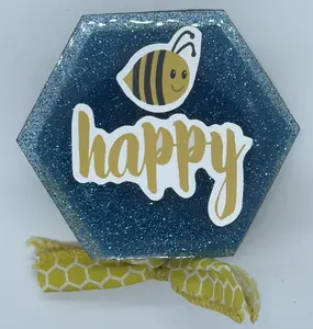 Trinket Box, Blue With Glitter, Be Happy Bumble Bee StickersWith Lid, Homemade, Epoxy Resin, Hexagon, Honeycomb Ribbon Organiser Room