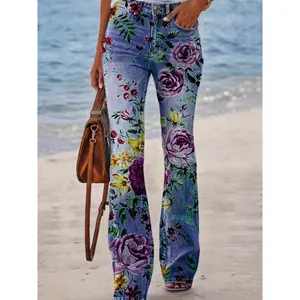 Women's Vibrant Floral Print Flared Jeans - Casual Bell Bottom Denim Pants with Slash Pockets, Stretchable & Comfortable, Perfect for All Seasons
