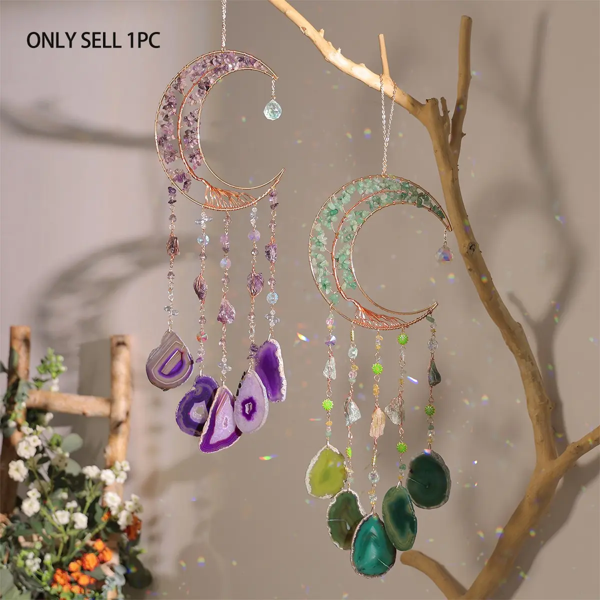 Gemstone Moon Suncatcher - Copper Wire Wrapped Tree of Life & Natural Agate Slice Wind Chimes, Boho Decor, Crystal Rainbow Maker for Home Window, Garden, Wedding & Hanging Decor, Hanging Ornaments, Home Decorative Ornament, Birthday Gift