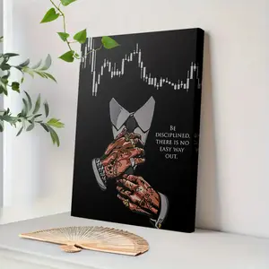 Frame Canvas Painting - Stock Trading Poster with Quote "Maintain Discipline, There is No Easy Way Out", Minimalist Design - Black and White Financial Wall Art - Candle Chart - Trader, Investor Office Decoration - 29.97x39.88cm or 39.88x59.94cm