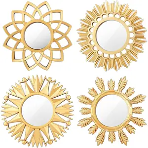 Dandat Set of 4 Gold Mirrors for Wall Decor Small Circle Flowers Mirrors Decorative Silvery Hanging Wall Art Flowers Mirror for Home Living Dinning Room Bedroom Bathroom Boho Art Gifts(Gold)