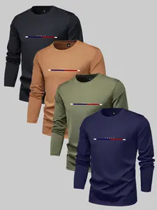 4 Pack Men's Spring & Fall thin Letter Paris Print Long Sleeve T-Shirt Base Layer Fashion Casual Vacation Sports Outing Top Gift for Boyfriend or Husband Commuting Work Fishing Basketball Camping Gym Holiday Wear