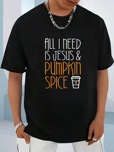 100% Cotton UnisexAll I Need Is Jesus And Pumpkin Spice T-Shirt Fall Season T-Shirt， men's autumn short-sleeved shirt, featuring maple leaf and Thanksgiving Halloween prints