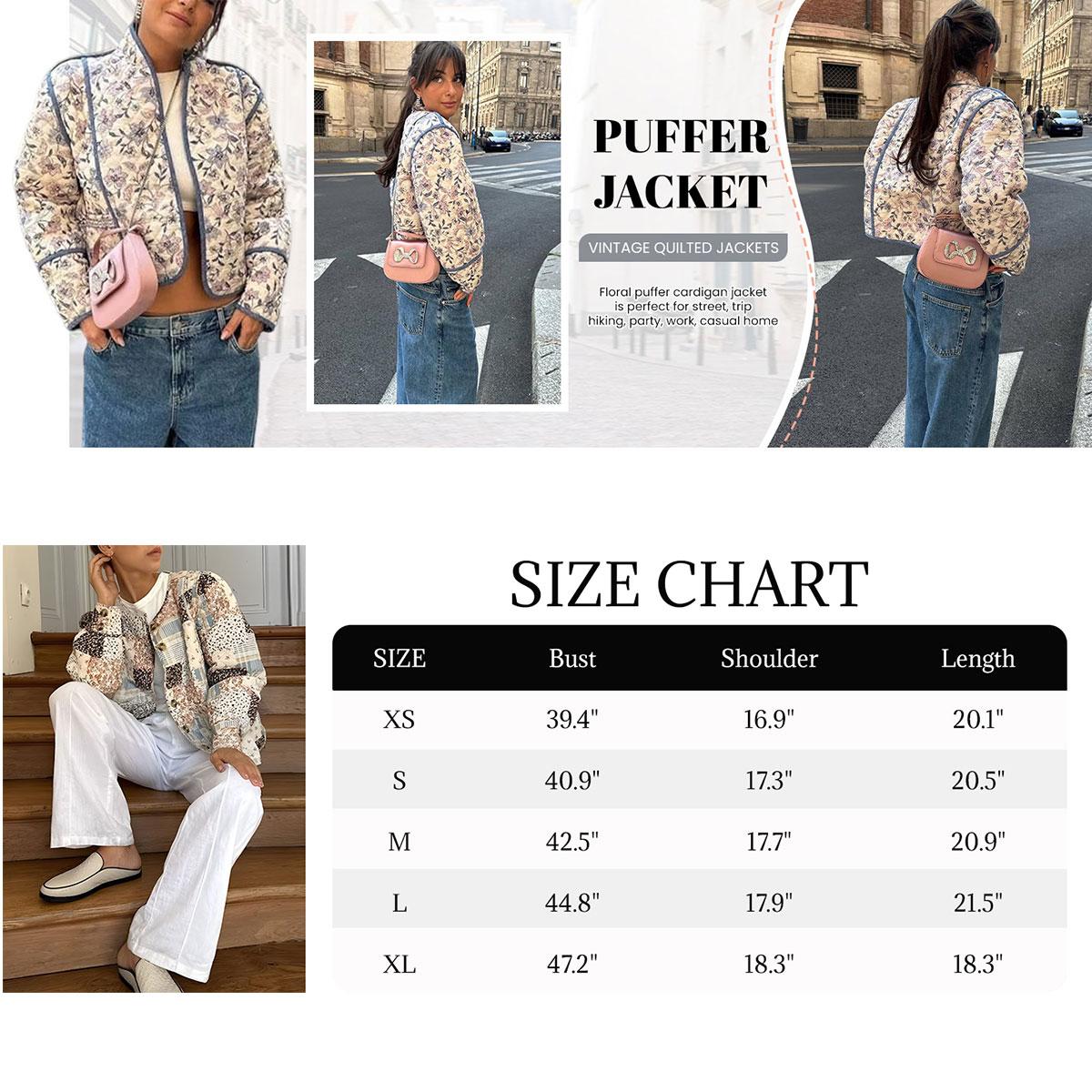 Women's Cropped Floral Quilted Jacket Cardigan Printed Lightweight Open Front Padded Puffer Coat-New Products