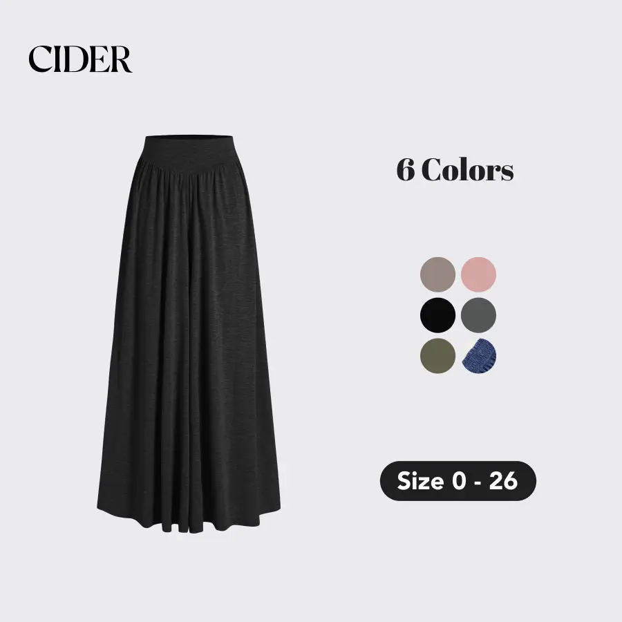 Cider Women's Plus Size Solid Jersey Knit Trousers with a High Ruffle Waist and Flattering Wide Leg Fit, M, High Waist, Loose-Fitting, Rayon, Recycle Polyester, 0Xl - 12/14, 2Xl - 20/22, No, Bottoms, Basic, Casual
