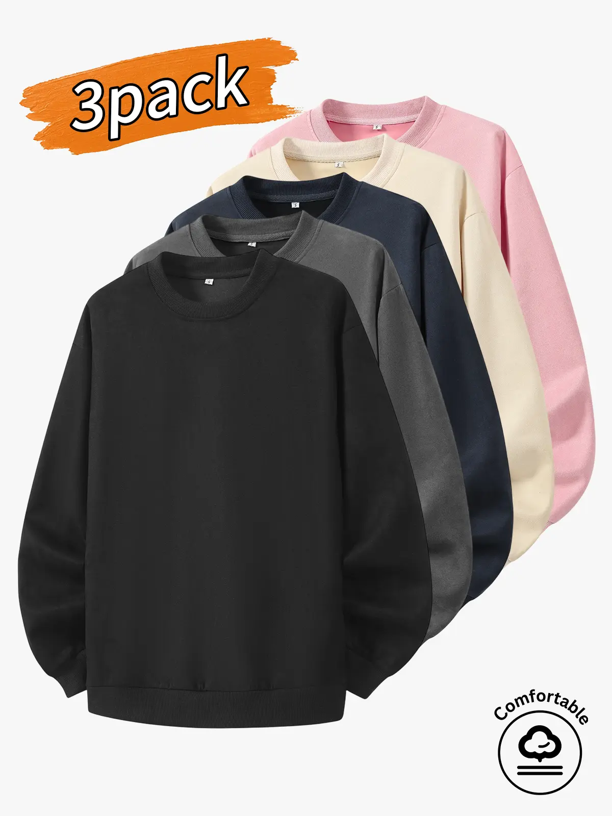 3-pack men's tops, men's crewneck sweatshirts, men's casual long-sleeve sweatshirts.A simple basic loose fit with a clean design and no unnecessary prints—ultra versatile and works with any outfit style. Suitable for home lounging, going out shopping, sch