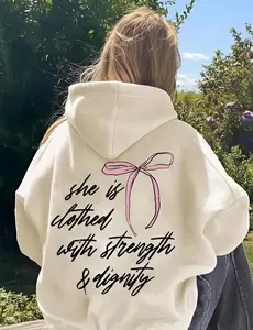 She Is Clothed With Strength And Dignity Hoodie, Christian Coquette Bow Aesthetic Inspirational Faith Gift Sweatshirt, Youth and Adult Tee, Womenswear Clothing, Street Style, Y2k Style Outfit, Family Matching Tee