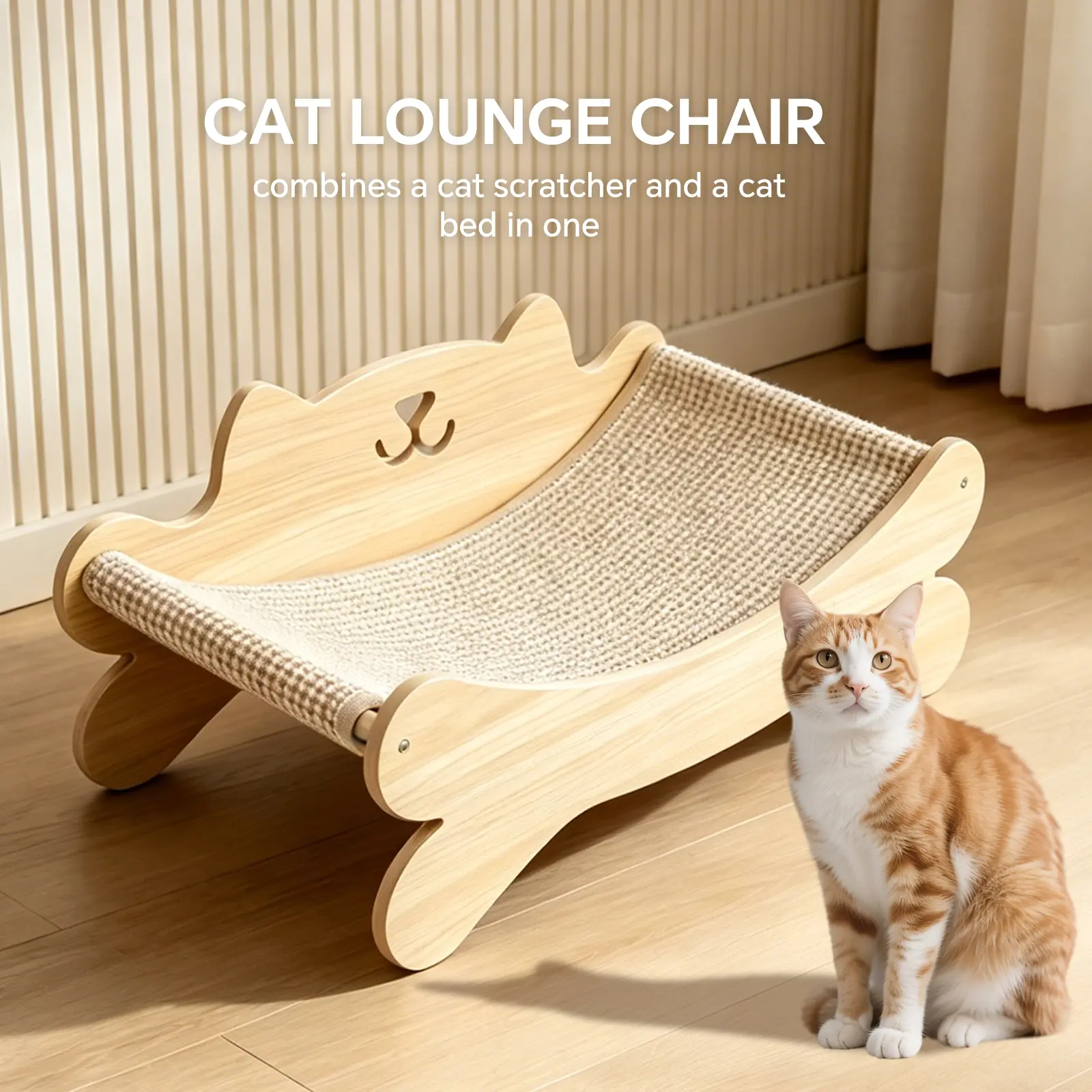 Cat Scratcher Bed for Indoor Cats - Summer Cool Hammock, Large Scratching Lounge with 40 lbs Weight Capacity, Wooden Modern Cat Scratching Post & Pad Furniture