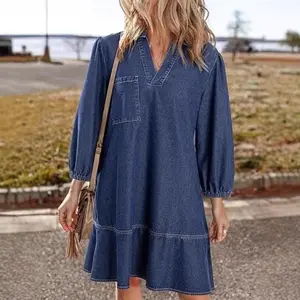 2025 Autumn Fashionable and Casual Lady's Denim Dress with Doll Collar, V-neck 3/4 Puff Sleeve Denim Dress