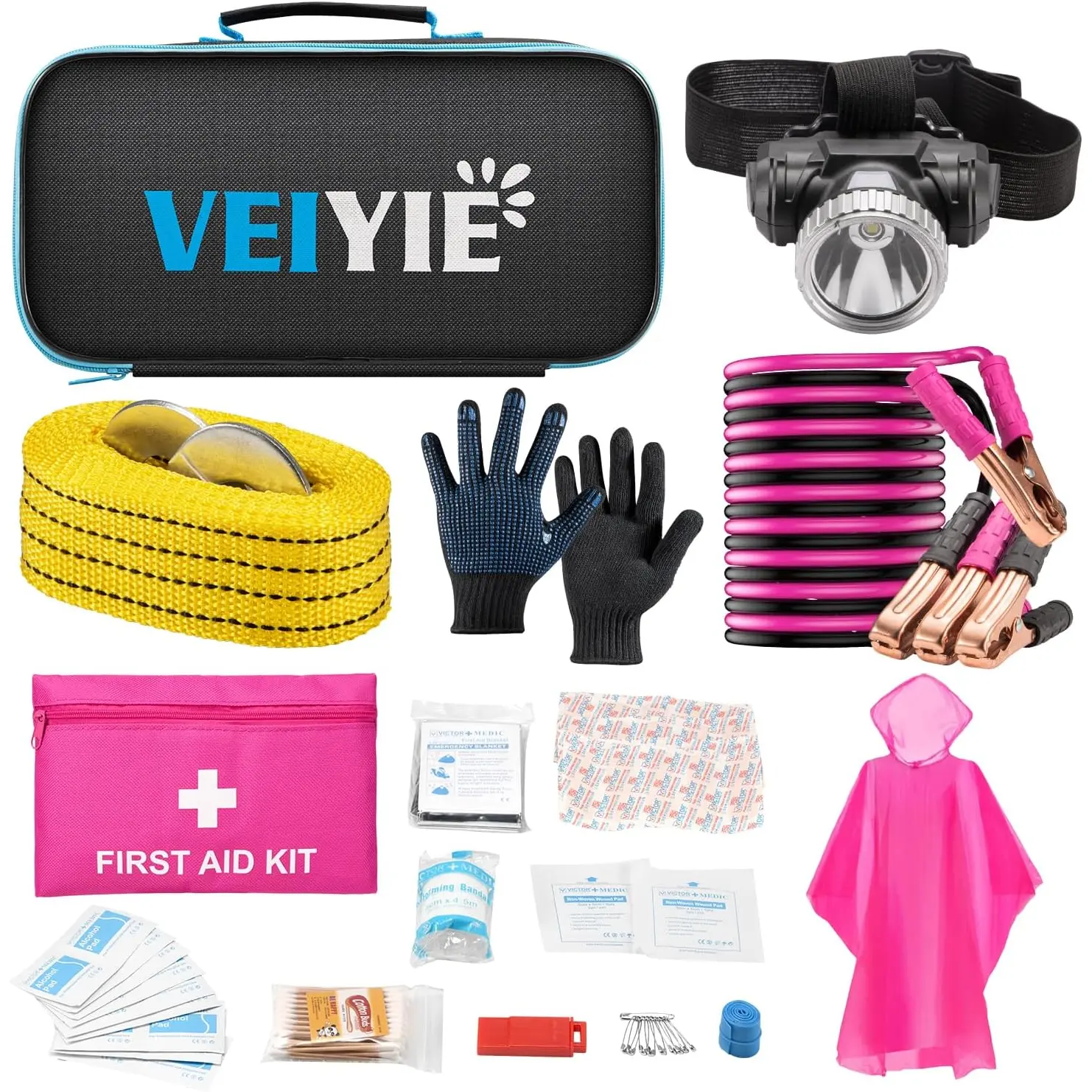 Car Roadside Emergency Kit with Jumper Cables, Car First Aid Kit Emergency Kit for Vehicles, Car Safety Roadside Assistance Kit Headlamp, Tow Straps, Gloves, Essential Car Accessories for Men, Women VEIYIE